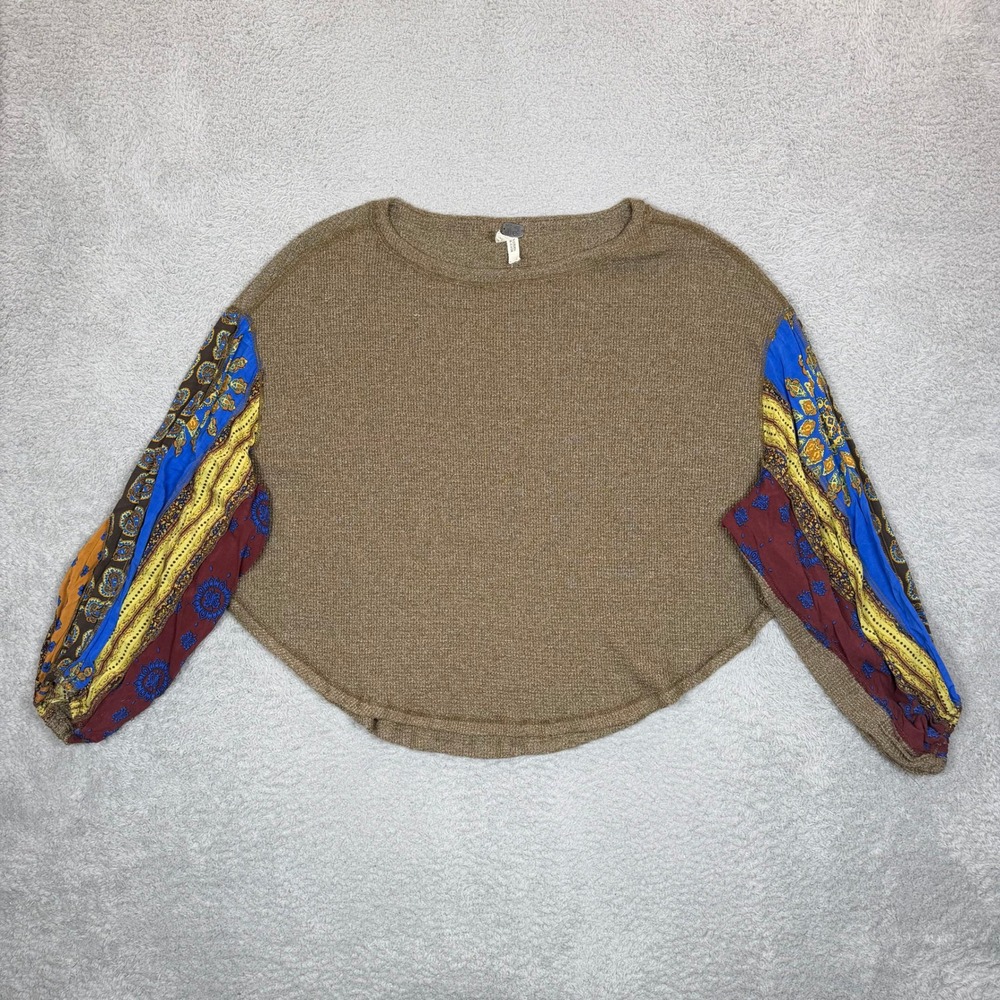 We The Free Free People Mixed‎ Print Balloon Sleeve Thermal Top Olive Brown M